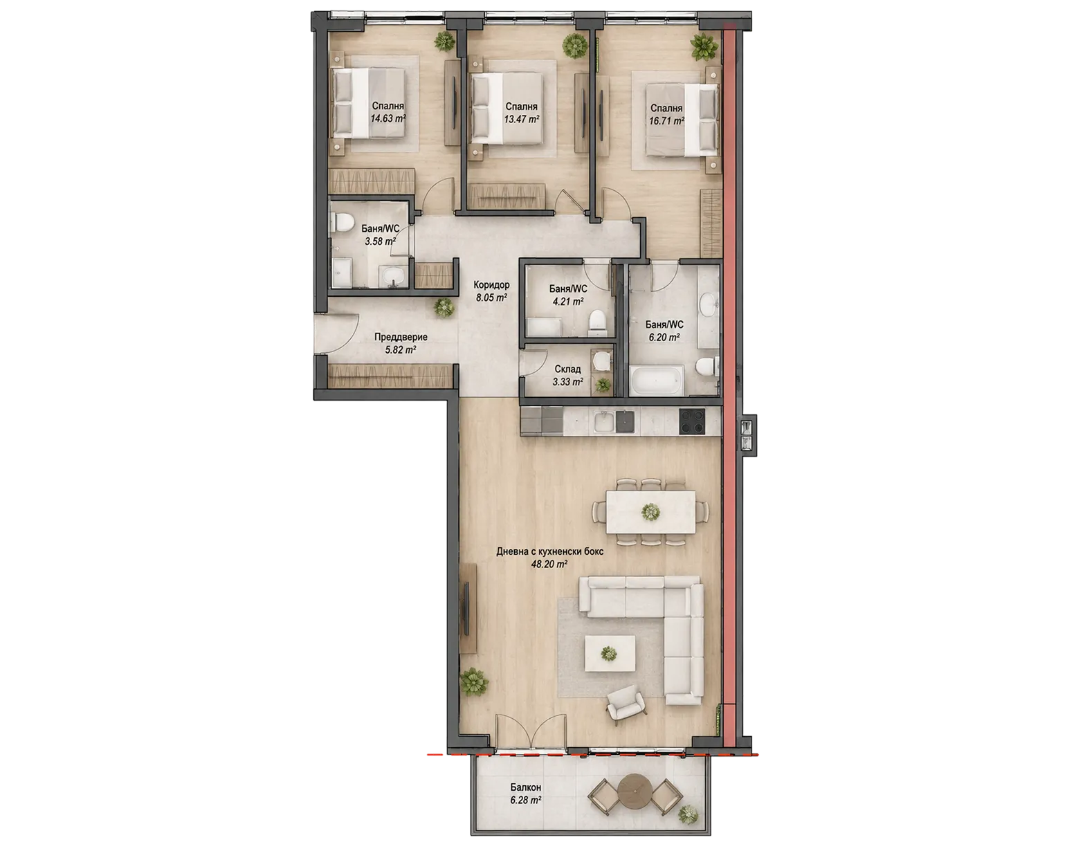 Apartment floor plan with three bedrooms, three bathrooms, storage, living room with kitchen, corridor, and balcony.