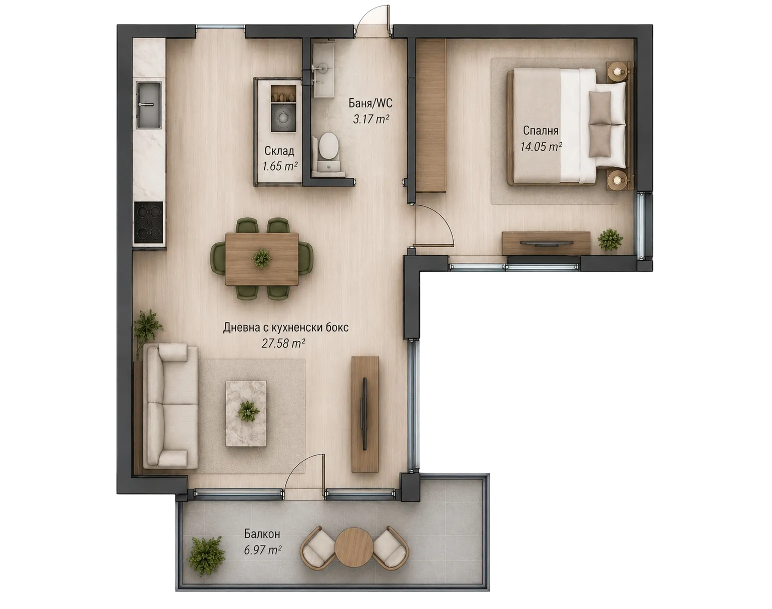 Floor plan of a one-bedroom apartment with living room, kitchen, bathroom, storage, and balcony.
