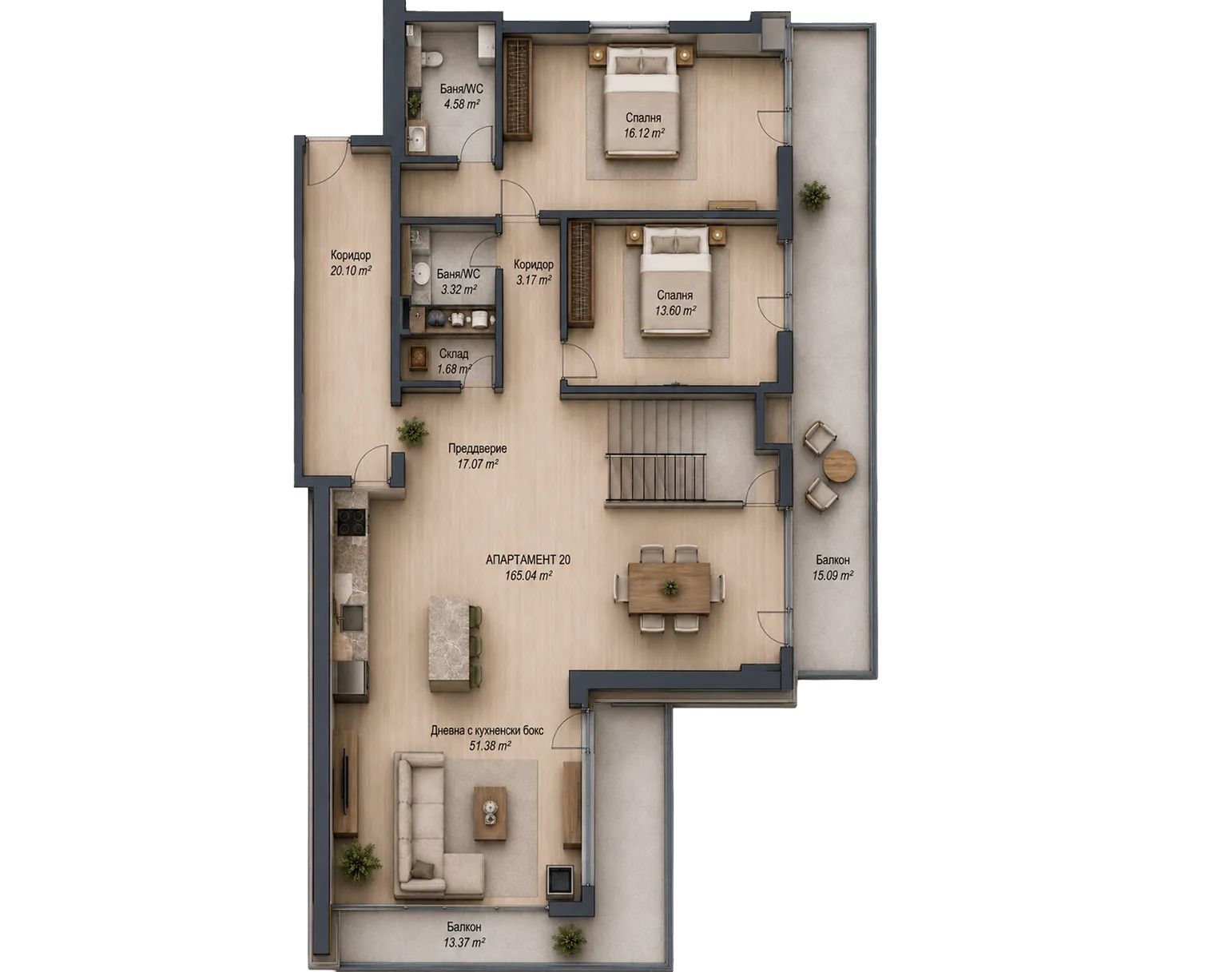 Floor plan of a one-bedroom apartment with living room, kitchen, bathroom, storage, and balcony.