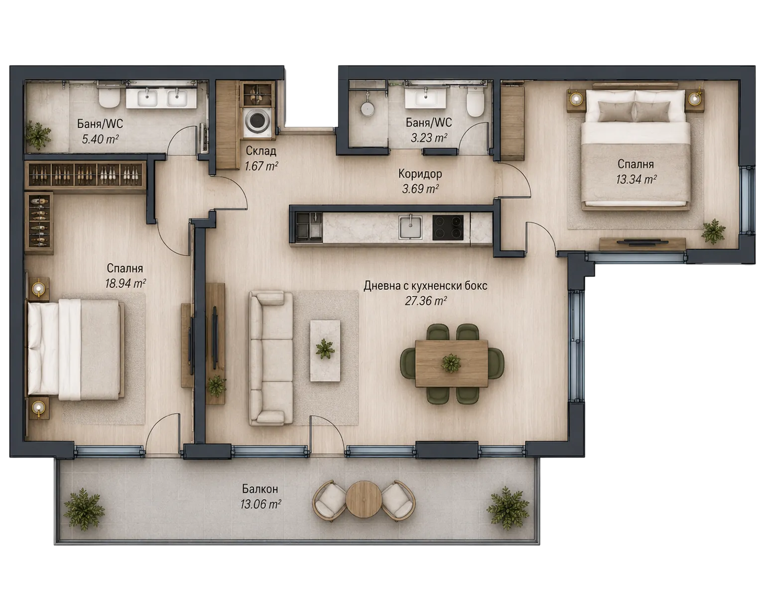 Floor plan showing two bedrooms, two bathrooms, a living room with kitchen, storage, corridor, and balcony.
